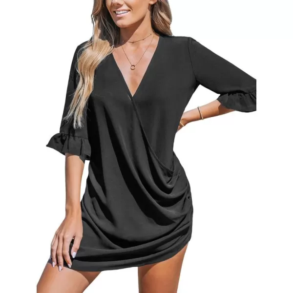 imageCUPSHE Womens Swimsuit Coverup Wrap Beach Cover Ups Casual V Neck Ruffle Sleeve Mini DressesBlack