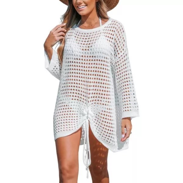 imageCUPSHE Womens Swimsuit Crochet Coverup Long Sleeve Cutout Swimwear Beach Cover Ups Ruching Knit DressWhite