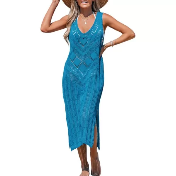 imageCUPSHE Womens Swimsuit Crochet Coverup Sleeveless Bathing Suit Bikini Cover Ups Knit Midi DressBlue