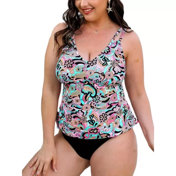 imageCUPSHE Womens Swimsuit Plus Size Tankini Sets V Neck Mid Rise Double Adjustable Straps Ruched Bathing SuitPinkPaisley