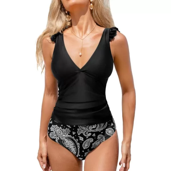 imageCUPSHE Womens Tankini Set Two Piece Swimsuit Deep V Neck Ruched Ruffle Wide Straps Mid RiseBlackPaisley