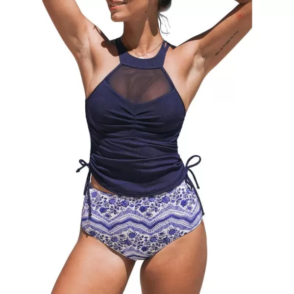 imageCUPSHE Womens Tankini Set Two Piece Swimsuit High Waisted High Neck Drawstring Mesh ShirredNavy Blue