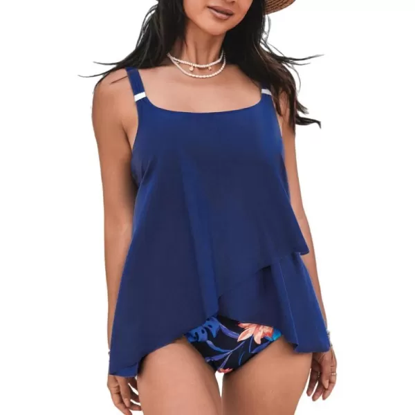 imageCUPSHE Womens Tankini Set Two Piece Swimsuit High Waisted Square Neck Ruffle Wide Adjustable StrapsBerry BlueFloral