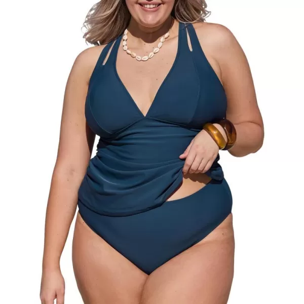 imageCUPSHE Womens Tankini Set Two Piece Swimsuit Mid Rise V Neck Crisscross Adjustable Straps Cutout RuchedPnavy Blue