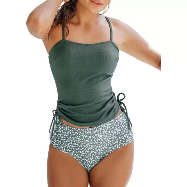 imageCUPSHE Womens Tankini Set Two Piece Swimsuit Ruched Drawstring Bathing Suits with High Waisted Bottom RibGreen Ditsy Floral