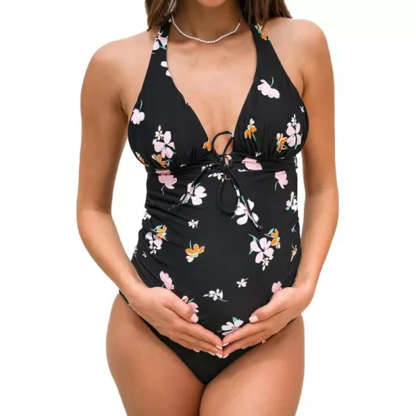 imageCUPSHE Womens Tankini Sets Maternity Swimsuit Halter V Neck Pregnancy Swimwear Back HookBlack Floral