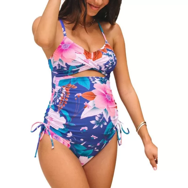 imageCUPSHE Womens Tankini Sets Maternity Swimsuit V Neck Drawsting Ruched Mid Rise Pregnancy Swimwear Back TieBlue Floral