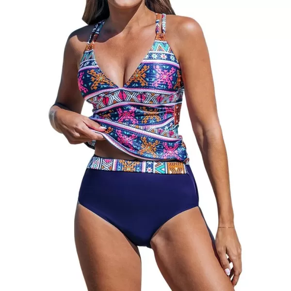 imageCUPSHE Womens Tankini Sets Tummy Control Deep V Neck Crisscross Double Straps High Cut CheekyBluePink
