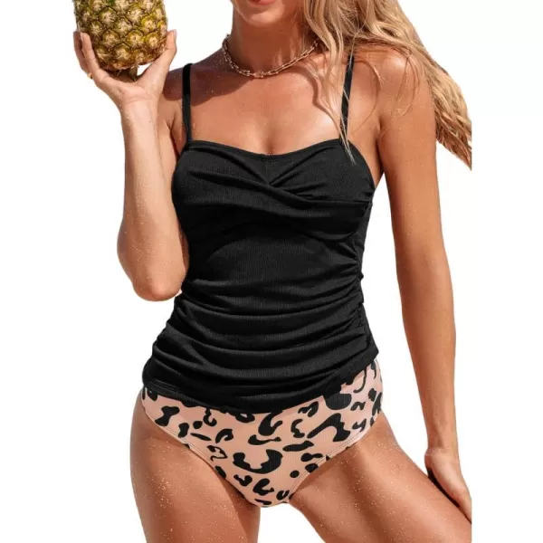 imageCUPSHE Womens Tankini Sets Two Piece Bathing Suits High Waisted V Neck Adjustable Straps Ruching Wrap RibbedBlackLeopard
