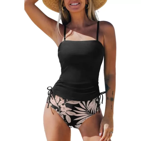 imageCUPSHE Womens Tankini Sets Two Piece Swimsuit High Waisted Square Neck Ruched Drawstring Adjustable StrapsBlackTropical