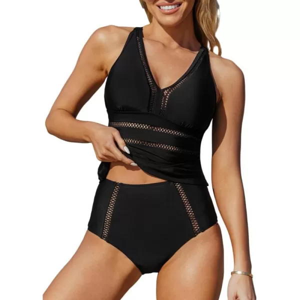 imageCUPSHE Womens Tankini Sets Two Piece Swimsuit High Waisted V Neck Crisscross Adjustable Straps Cheeky BottomBlack