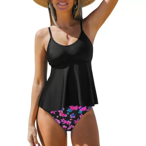 imageCUPSHE Womens Tankini Sets Two Piece Swimsuit Scoop Neck Mid Rise Adjustable Straps Ruffled HemBlackPink Floral
