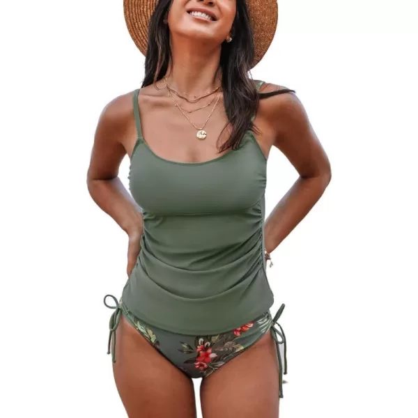 imageCUPSHE Womens Tankini Sets Two Piece Swimsuit Scoop Neck Ruched Adjustable Straps Drawstring Mid RiseSmoke GreenFloral
