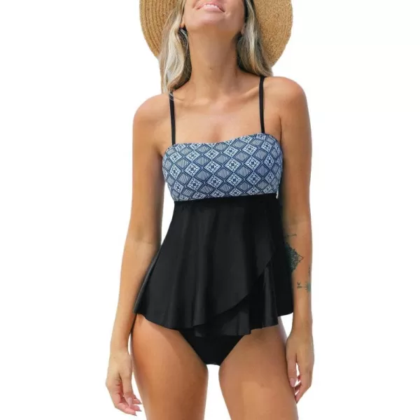 imageCUPSHE Womens Tankini Sets Two Piece Swimsuit Square Neck Mid Rise Retro Swimwear Irregular HemBlack Retro Print