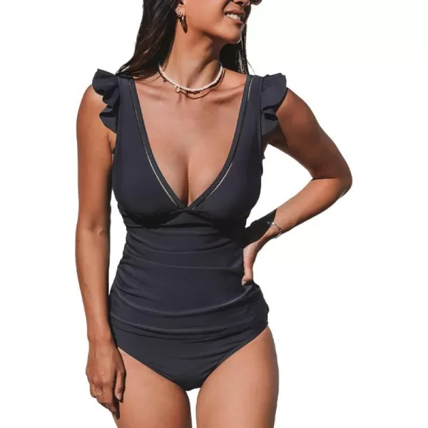 imageCUPSHE Womens Tankini Sets Two Piece Swimsuit V Neck Ruffled Ruched Tummy Control Ladder Trim XS3XLDark Grey