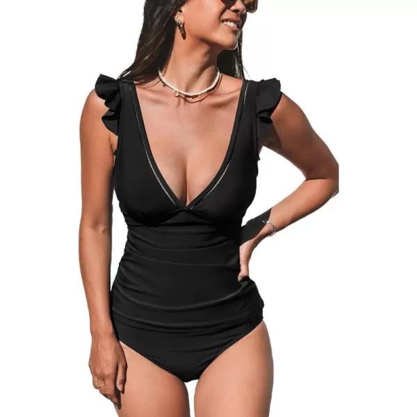 imageCUPSHE Womens Tankini Sets Two Piece Swimsuit V Neck Ruffled Ruched Tummy Control Ladder Trim XS4XLBlack