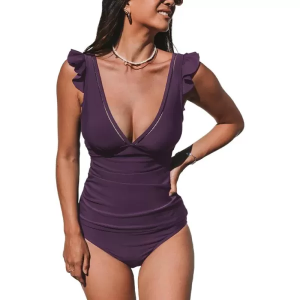 imageCUPSHE Womens Tankini Sets Two Piece Swimsuit V Neck Ruffled Ruched Tummy Control Ladder Trim XS4XLDark Purple