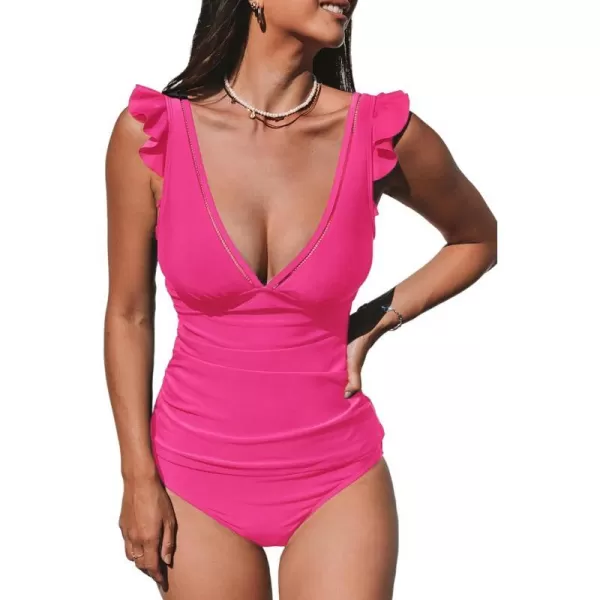 imageCUPSHE Womens Tankini Sets Two Piece Swimsuit V Neck Ruffled Ruched Tummy Control Ladder Trim XS4XLHot Pink
