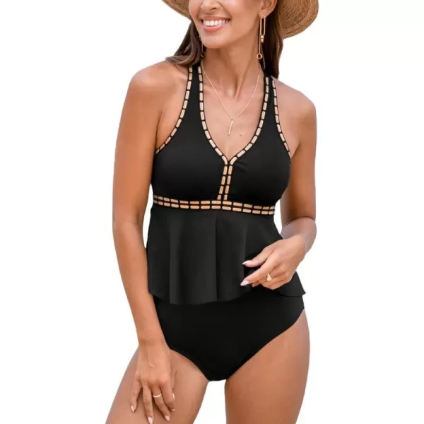 imageCUPSHE Womens Tankini Sets Two Piece Swimsuits High Waisted V Neck Ribbed Texture Adjustable Straps RuffledBlack