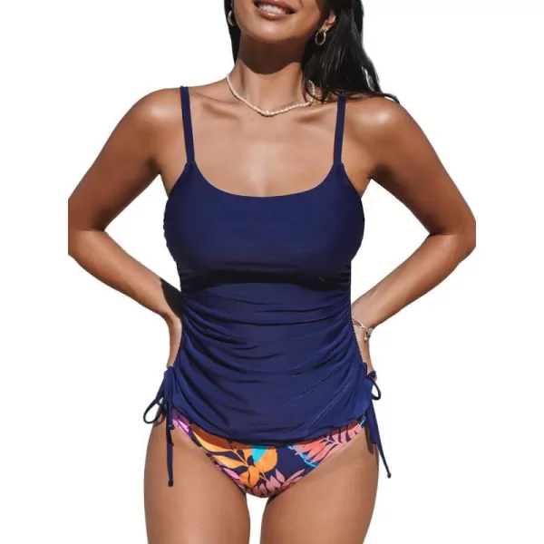 imageCUPSHE Womens Tankini Sets Two Piece Swimsuits Mid Rise Square Neck Adjustable Straps Ruched DrawstringNavy BlueTropical
