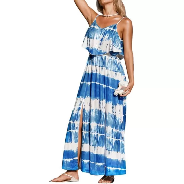 imageCUPSHE Womens Tie Dye Dress Smocked Waist Dresses Flounce Bodice Maxi Dress SleevelessBlue
