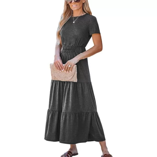 imageCUPSHE Womens Tiered Hem Maxi Dress Short Sleeves Dresses Round Neck Dressing CasualDark Grey