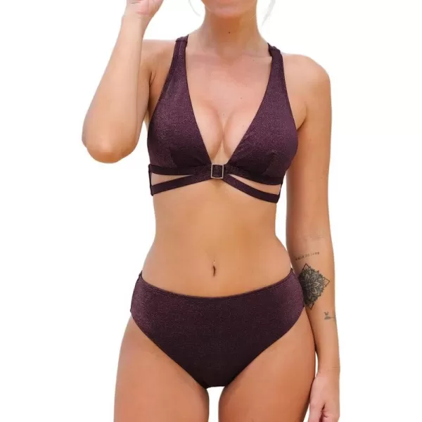 imageCUPSHE Womens Triangle Tops Cutouts Square Ring Deep V Neck Bikini SetsBurgundy Red