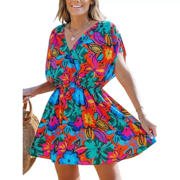 imageCUPSHE Womens Tropical Dresses V Neck Floral Loose Fit Elastic Waist Smocked Summer Mini Beach DressBlue Floral