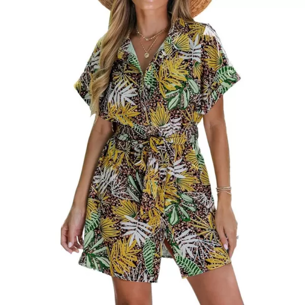 imageCUPSHE Womens Tropical Leaf Print Button Short Sleeve Mini Dress Casual Belted Short DressYellow Leaf
