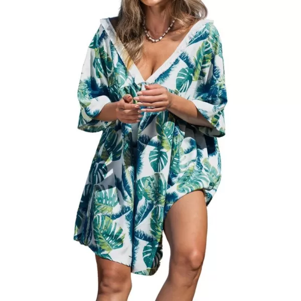 imageCUPSHE Womens Tropical Leaf Print Cover Up Dress Short Sleeve Fringe Beach Mini DressGreen