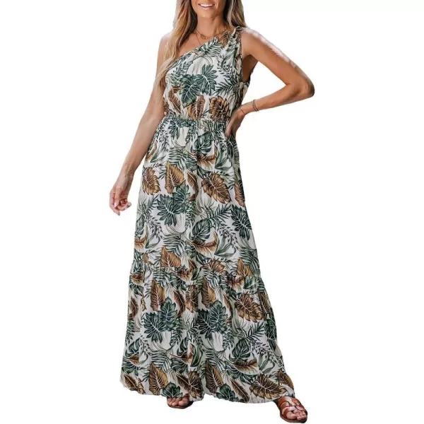 imageCUPSHE Womens Tropical Leaf Print OneShoulder AShape Dress Summer Midi Dress SleevelessGreen Floral