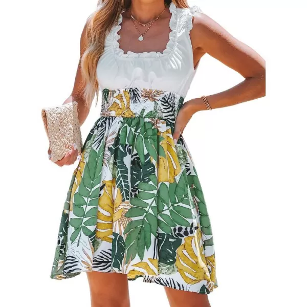 imageCUPSHE Womens Tropical Leaf Print Smocked Dress Aline Sleeveless DressGreen Floral