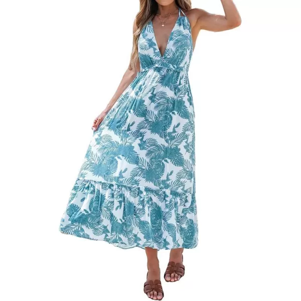 imageCUPSHE Womens Tropical Leaf Print Smocking Maxi Dress Mini Halter Dress SleevelessBlue Floral