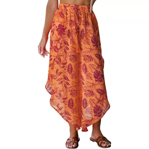 imageCUPSHE Womens Tropical Leaf Print Tassel Tie CoverUp Pants Mixi BeachwearOrange