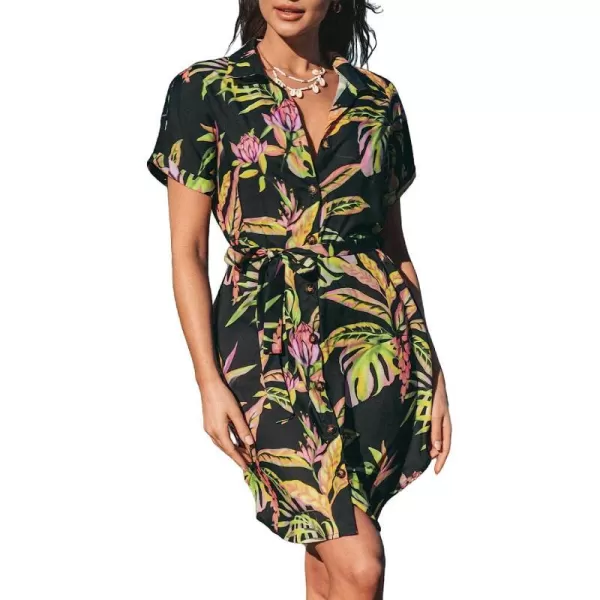 imageCUPSHE Womens Tropical Leaf Shirt Collar Dress Mini Summer DressBlack Floral