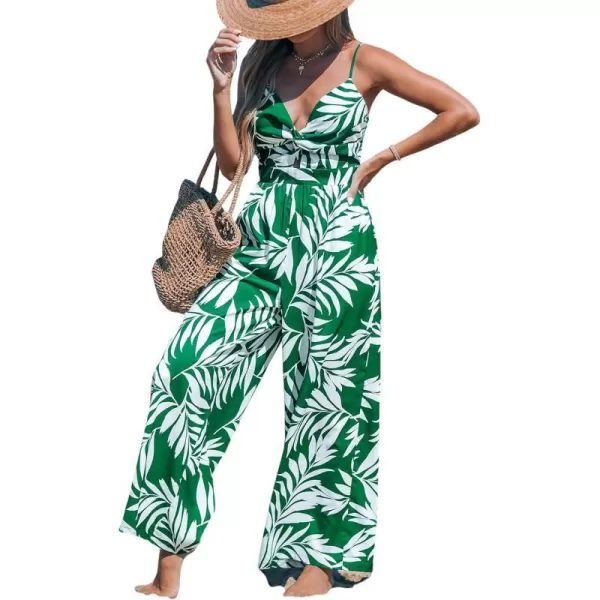 imageCUPSHE Womens Tropical Sweetheart Twist  Keyhole Wide Leg Jumpsuit Back Tie Beach JumpsuitsGreen
