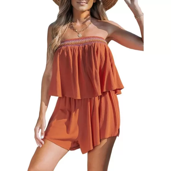 imageCUPSHE Womens Tube Rompers Sleevelss Flounce Woven Mini Jumpsuits Wide Leg Overall Outfit Casual BeachBrick Red