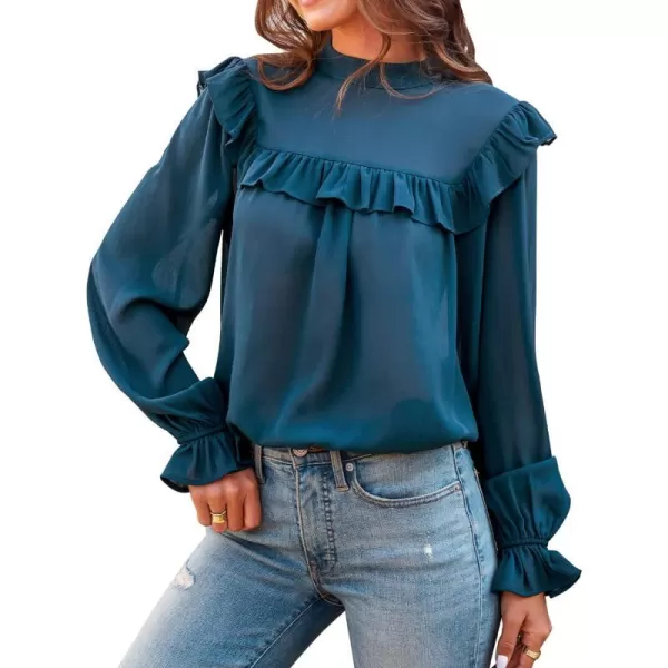 imageCUPSHE Womens Turtleneck Ruffle Pullover Top Solid Long Sleeve Chiffion Flounce Casual Blouse CyanCyan