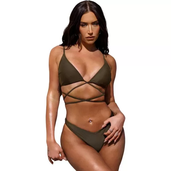 imageCUPSHE Womens Two Piece Deep V Neck Self Tie Cheeky Bikini SetBrown