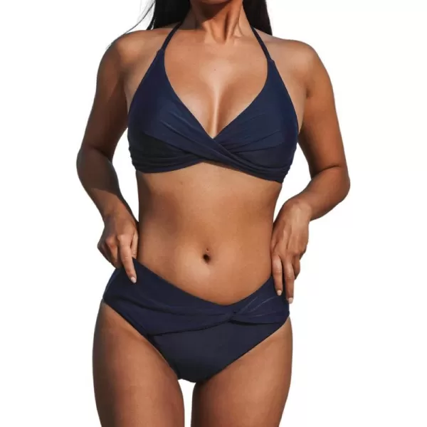 imageCUPSHE Womens Two Piece Halter Backless V Neck Wrap Bikini SetDark Blue