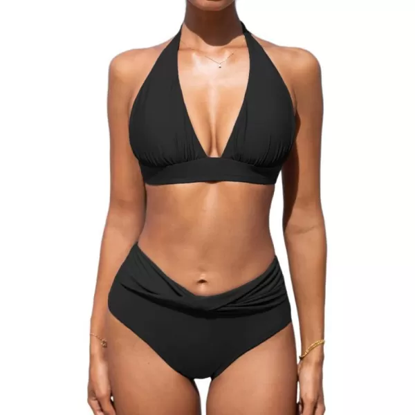 imageCUPSHE Womens Two Piece Halter V Neck Ruched Bikini SetBlack