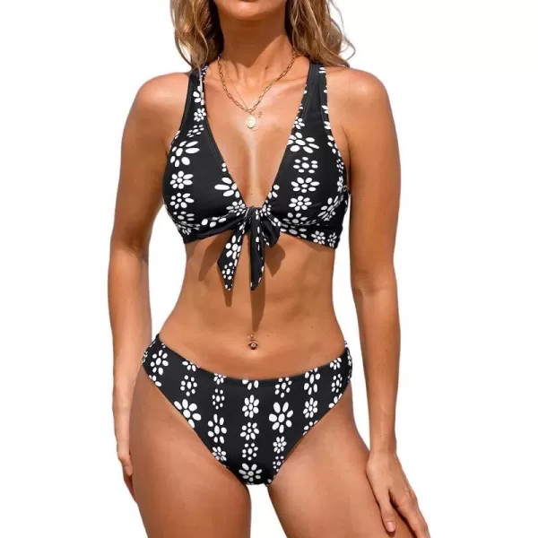 imageCUPSHE Womens Two Piece Tie Front Crisscross Back Floral Print Bikini SetBlack and Floral