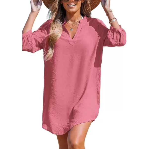 imageCUPSHE Womens V Neck 34 Sleeve Cover Up Dress Summer Dolphin Hem Beach Mini DressDusty Rose