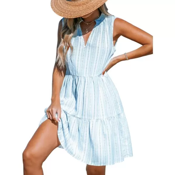 imageCUPSHE Womens V Neck Beach Dress Ruffle Sleeveless A Line Geometric Pattern Striped Mini Summer DressesBlue Striped