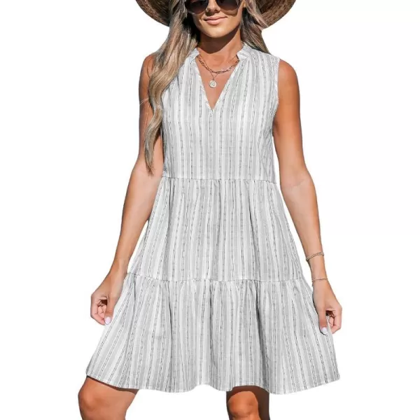 imageCUPSHE Womens V Neck Beach Dress Ruffle Sleeveless A Line Geometric Pattern Striped Mini Summer DressesGrey Striped