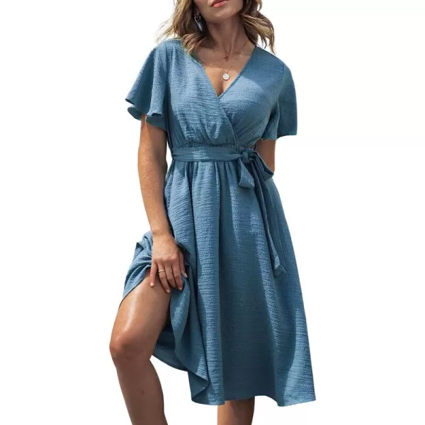 imageCUPSHE Womens V Neck Belted Flare Sleeve Midi Dress Short Sleeves Wrap A Line DressBlue