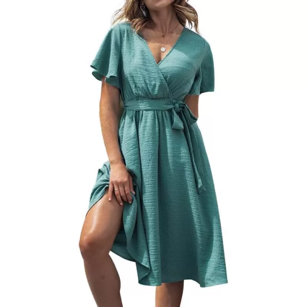 imageCUPSHE Womens V Neck Belted Flare Sleeve Midi Dress Short Sleeves Wrap A Line DressGreen