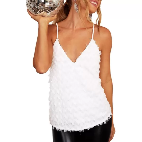 imageCUPSHE Womens V Neck Blouse Fringe Shirts V Cut Back Tops with Adjustable StrapsWhite