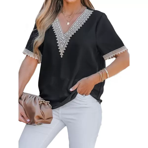 imageCUPSHE Womens V Neck Blouse Lace Trim Shirts Short Sleeves Tops for SummerBlack