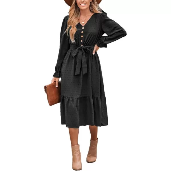 imageCUPSHE Womens V Neck Button Dot Long Ruffled Sleeve Belted Midi Dress Casual Flounce Hem A Line Long Knit DressBlack